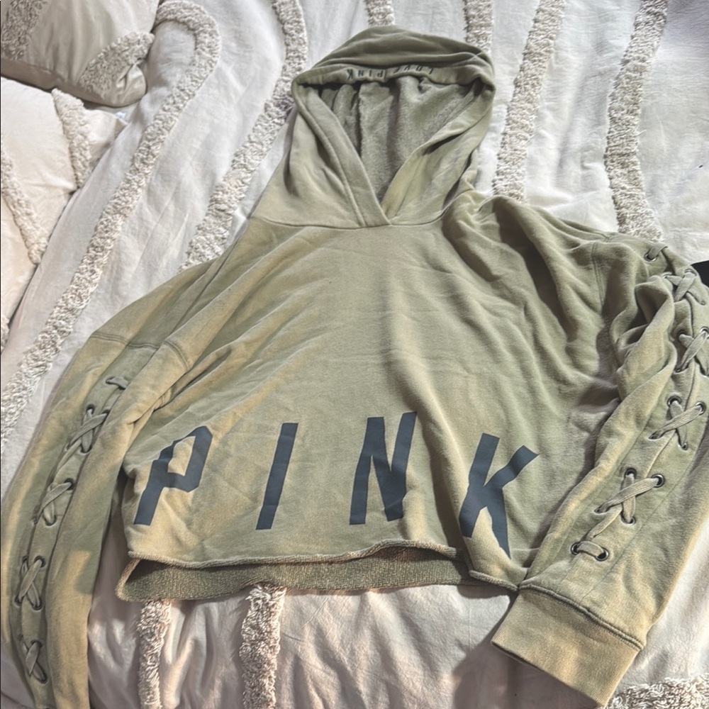 PINK Victoria's Secret Olive Green Lace-Up Hoodie